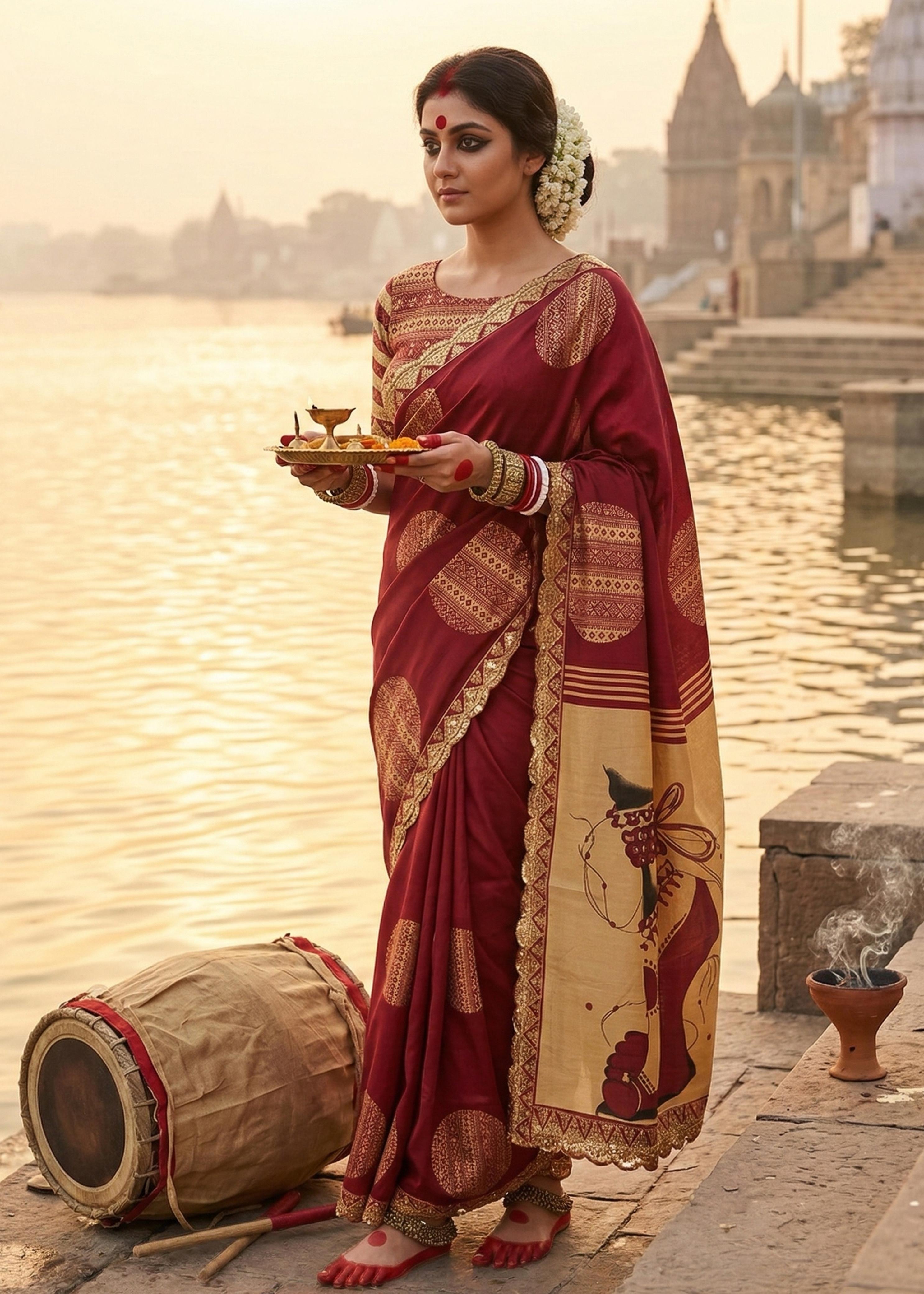 Maroon Pure MulMul Cotton Durga Puja Special Hand Block Printed Cotton Saree