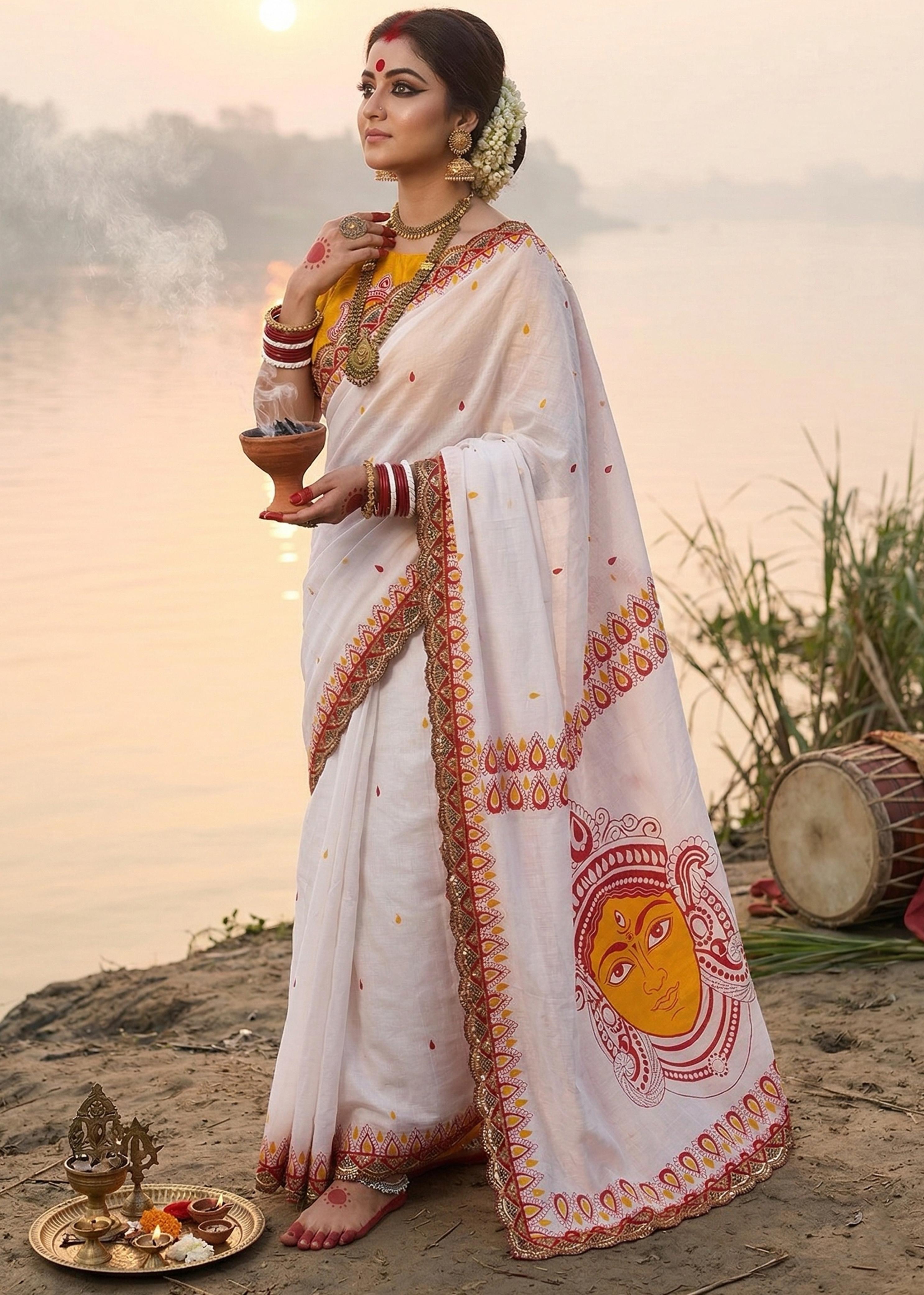 White Pure MulMul Cotton Durga Puja Special Hand Block Printed Cotton Saree