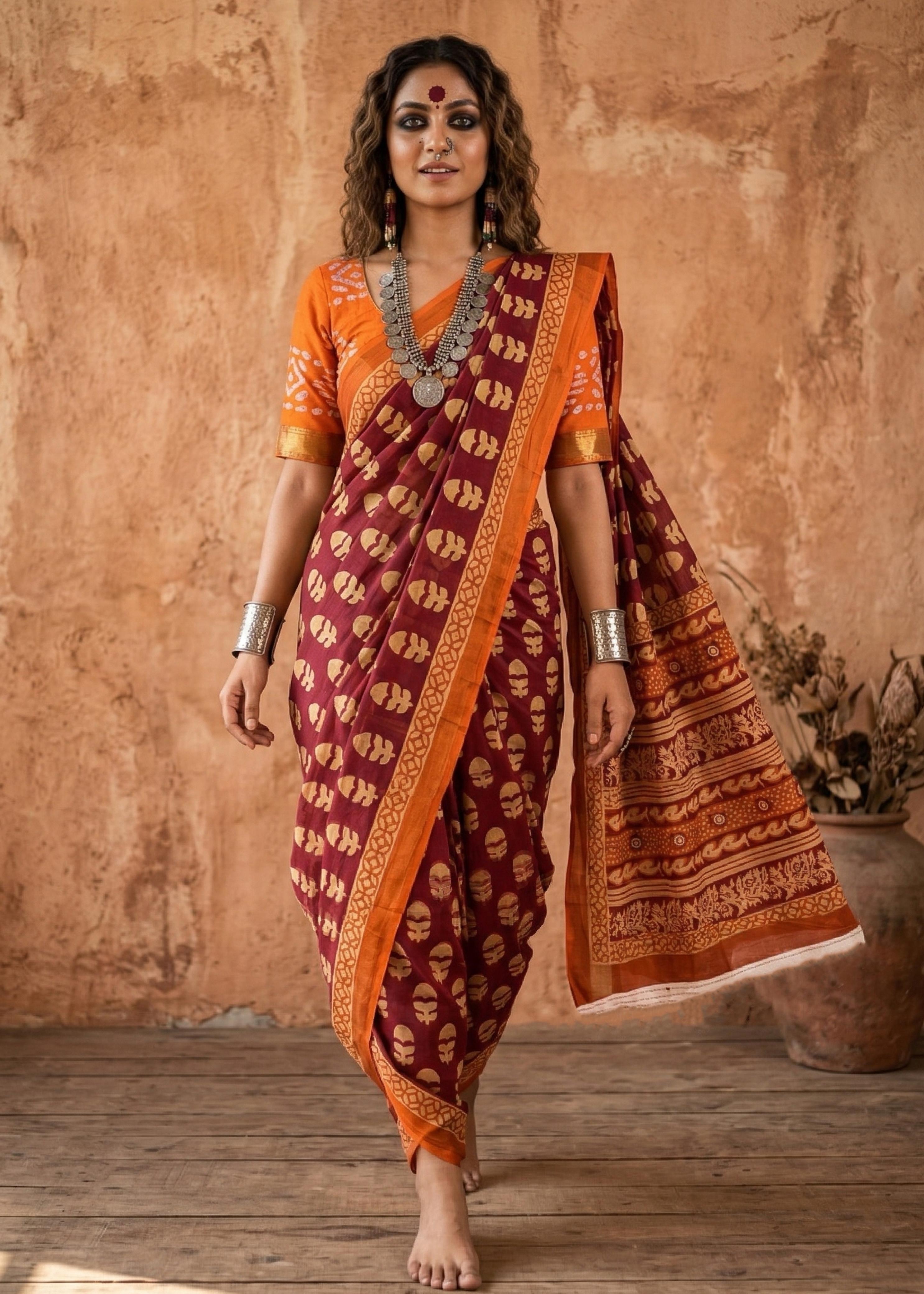 Orange Pure Soft Maslin Cotton Bagru Block Print Cotton Saree