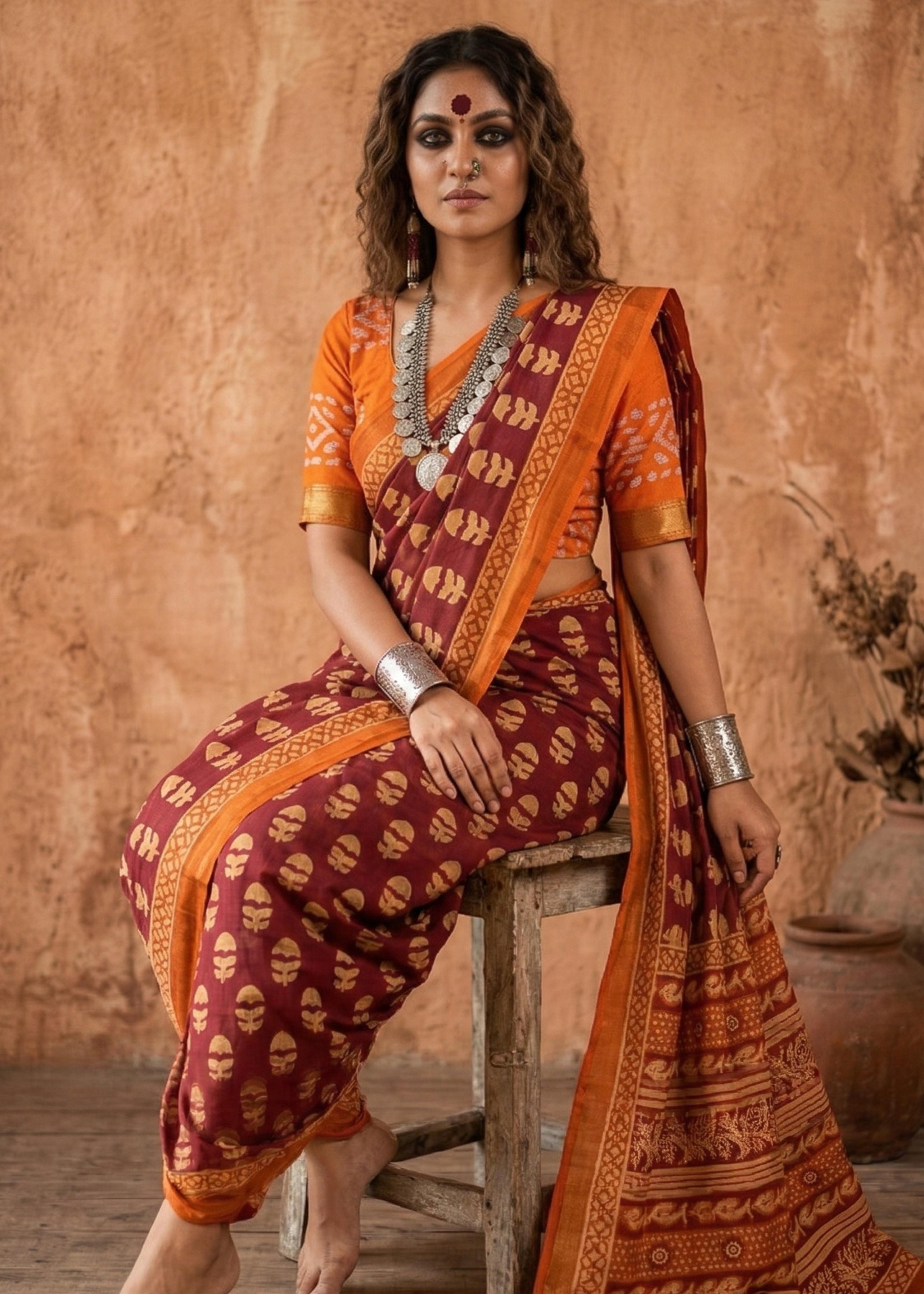 Orange Pure Soft Maslin Cotton Bagru Block Print Cotton Saree
