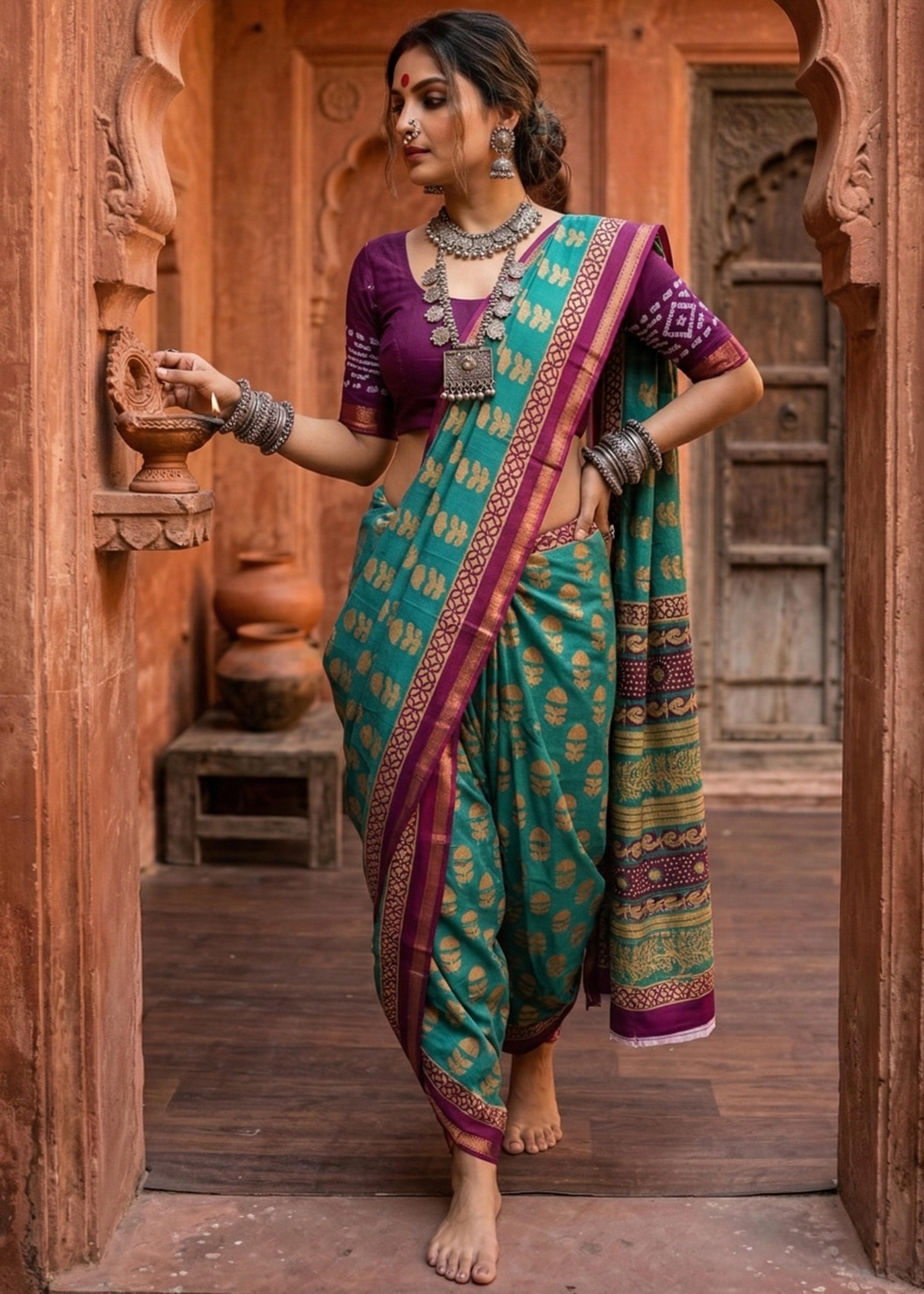 Green Pure Soft Maslin Cotton Bagru Block Print Cotton Saree