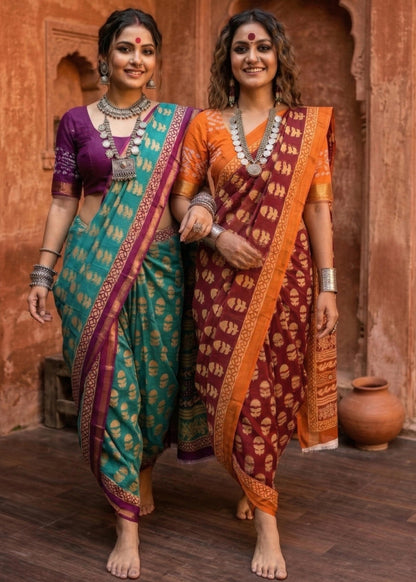 Green Pure Soft Maslin Cotton Bagru Block Print Cotton Saree 
