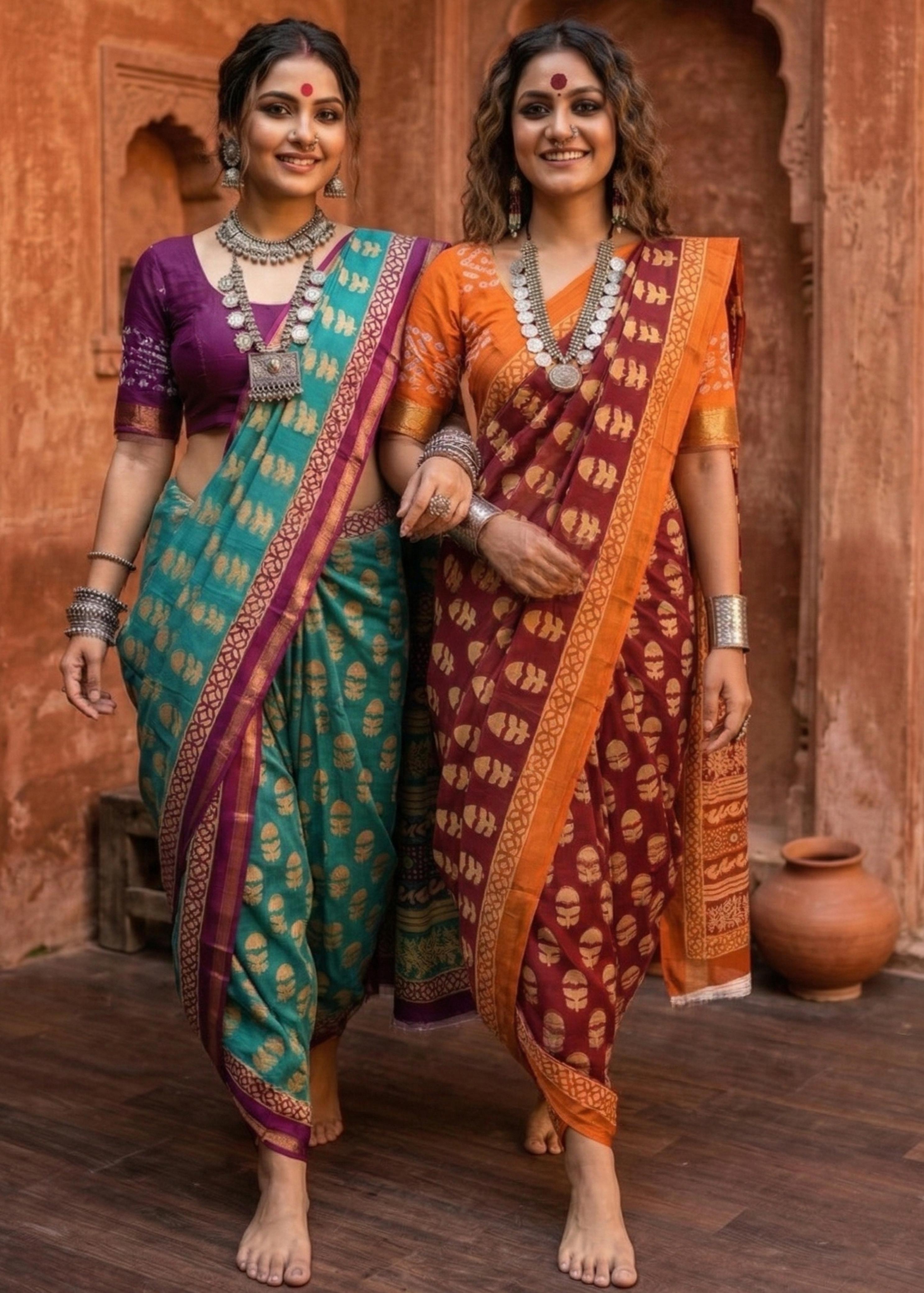 Orange Pure Soft Maslin Cotton Bagru Block Print Cotton Saree