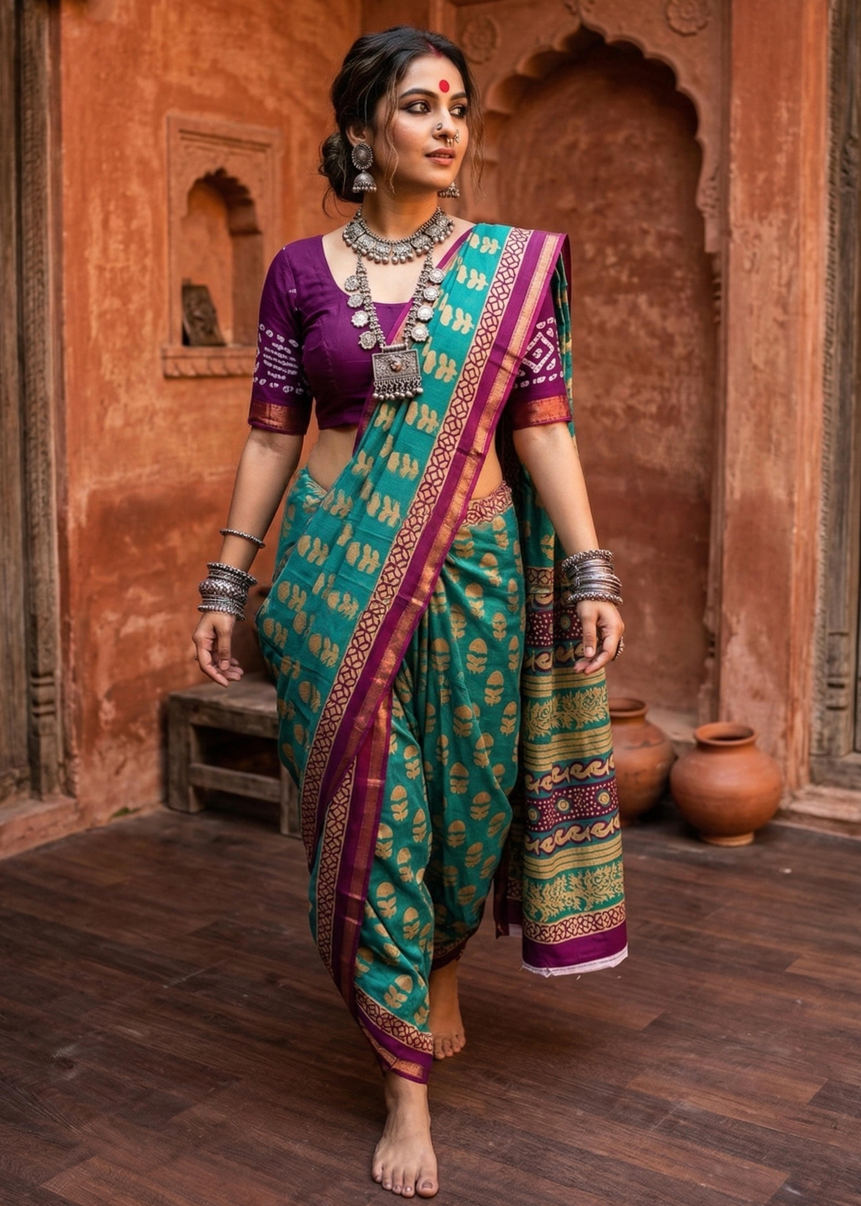 Green Pure Soft Maslin Cotton Bagru Block Print Cotton Saree