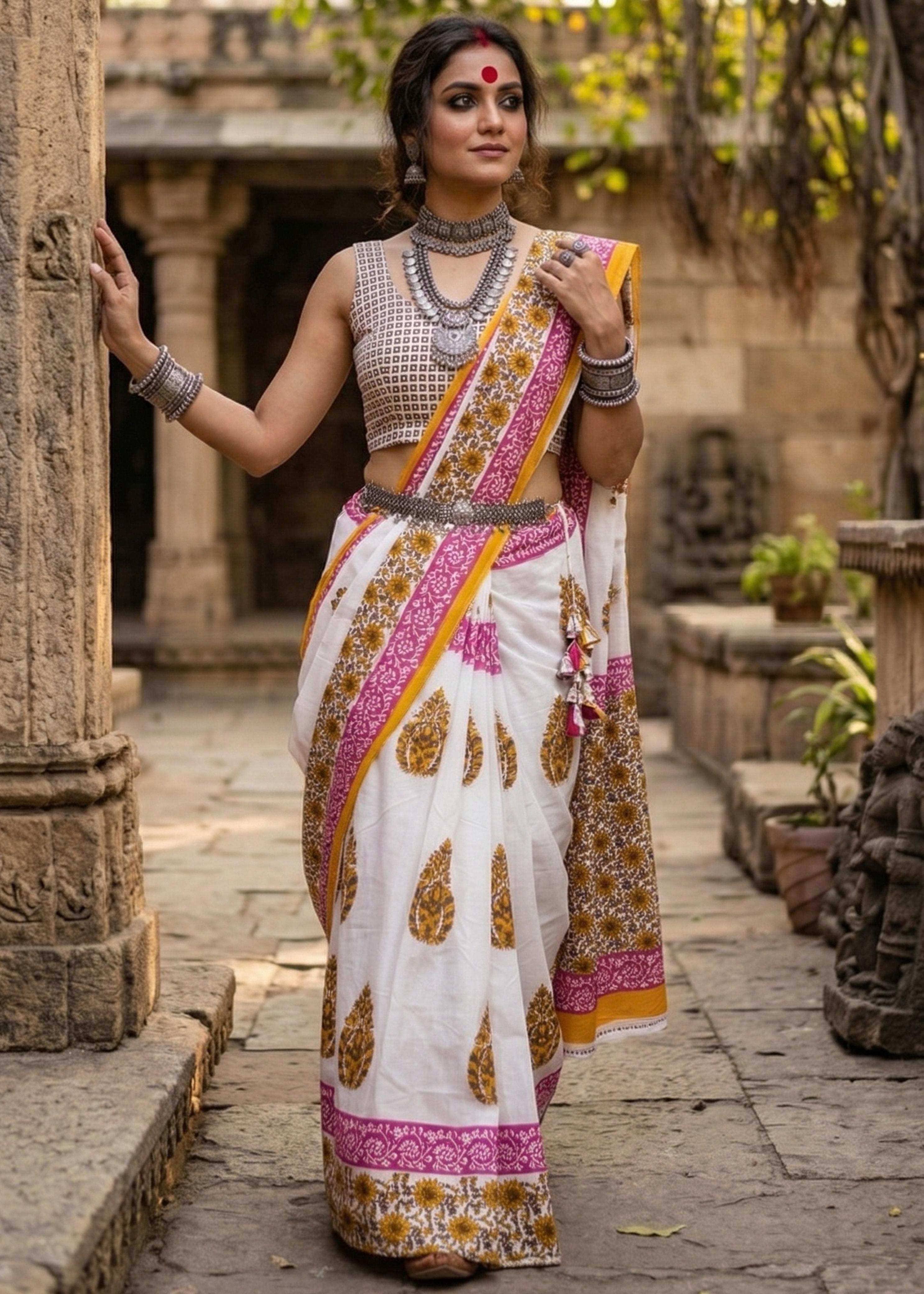 White Pure Soft MulMul Cotton Rajwadi Hand Block Print Cotton Saree