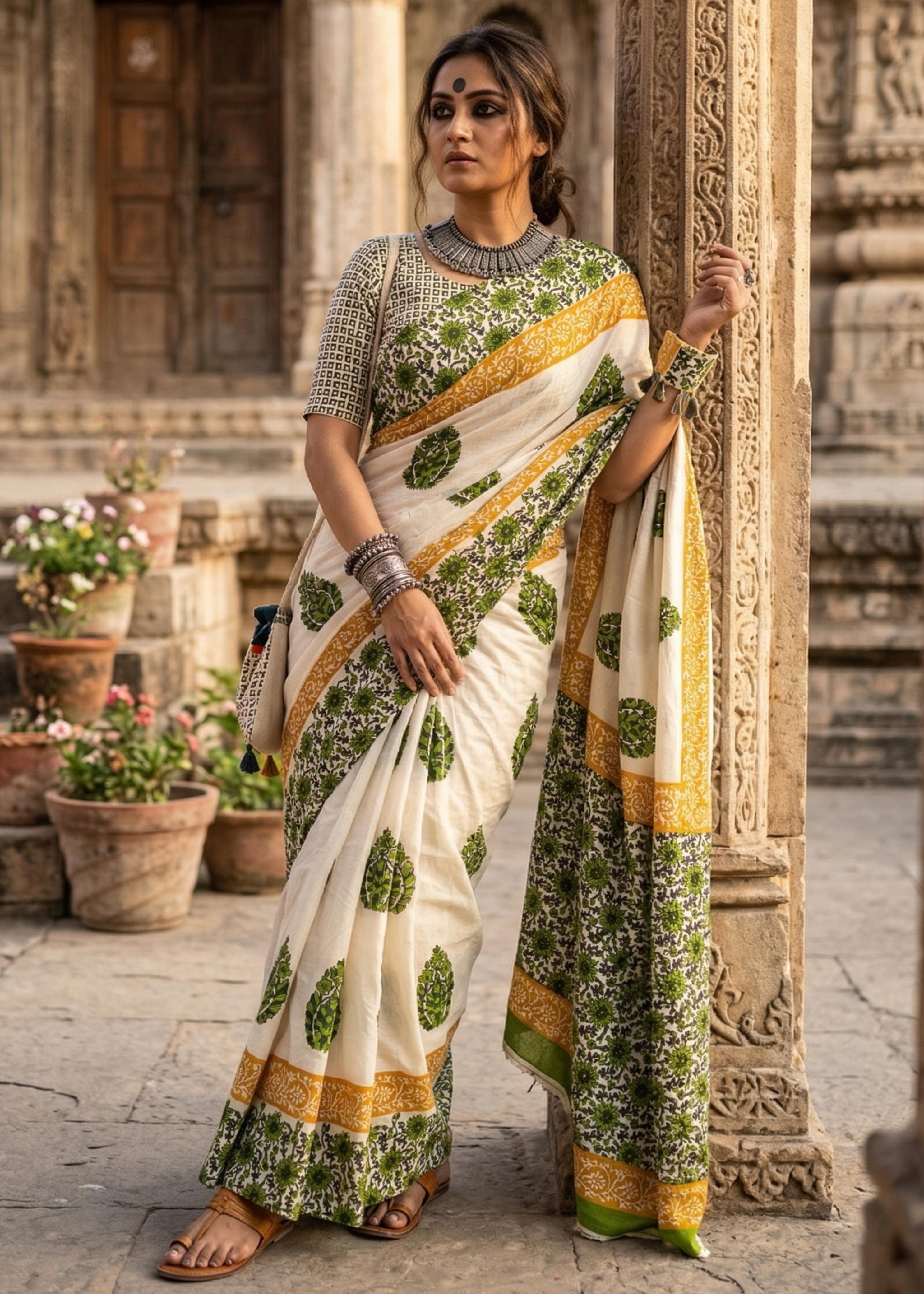Green Pure Soft MulMul Cotton Rajwadi Hand Block Print Cotton Saree