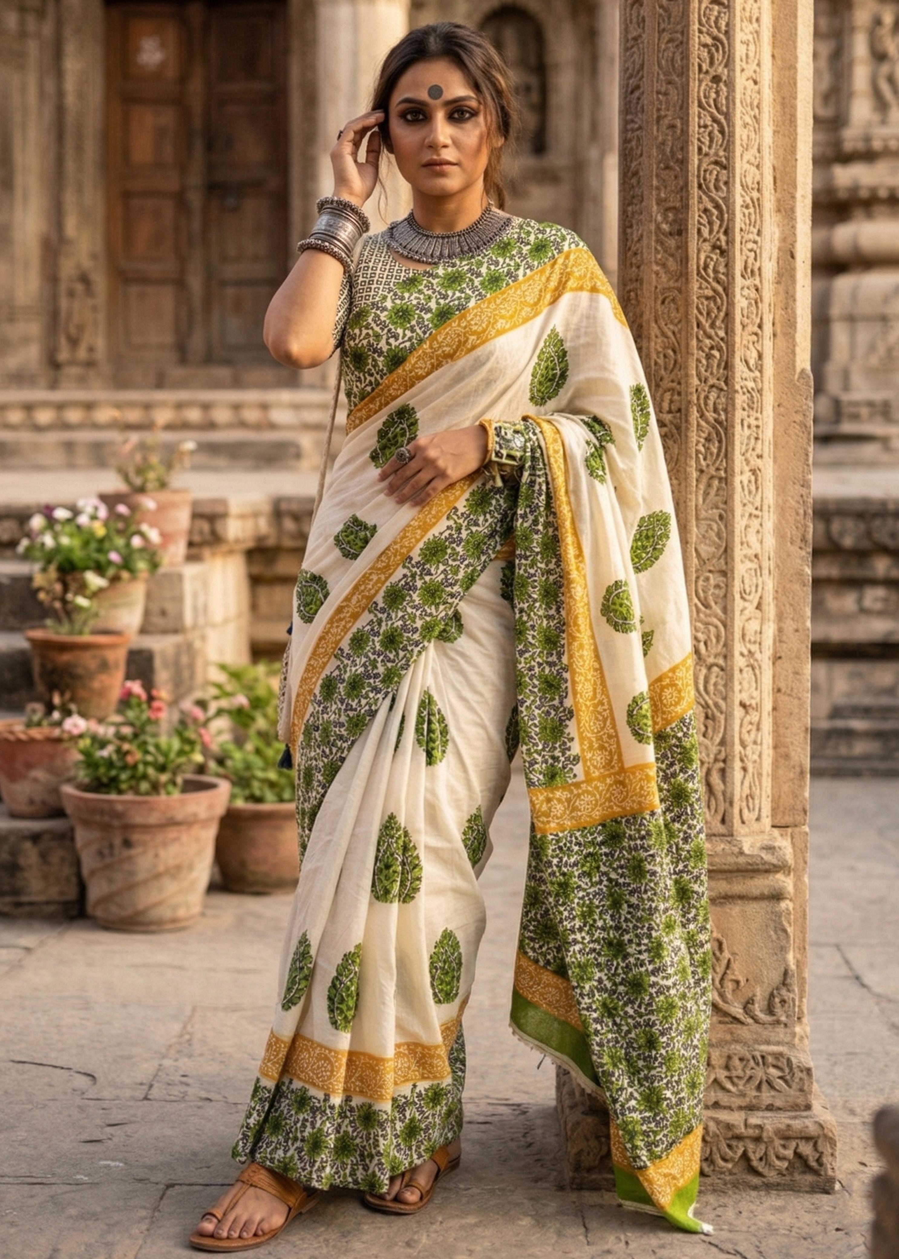 Green Pure Soft MulMul Cotton Rajwadi Hand Block Print Cotton Saree