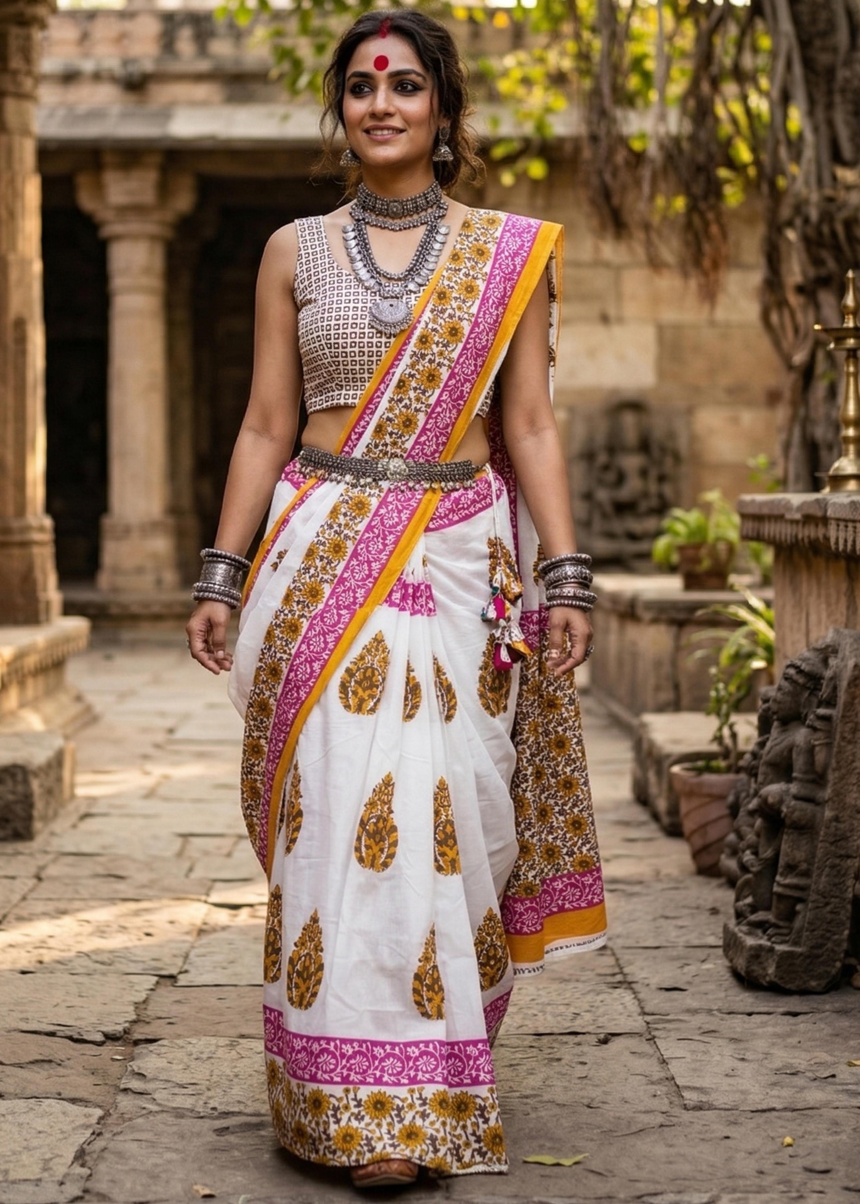 White Pure Soft MulMul Cotton Rajwadi Hand Block Print Cotton Saree