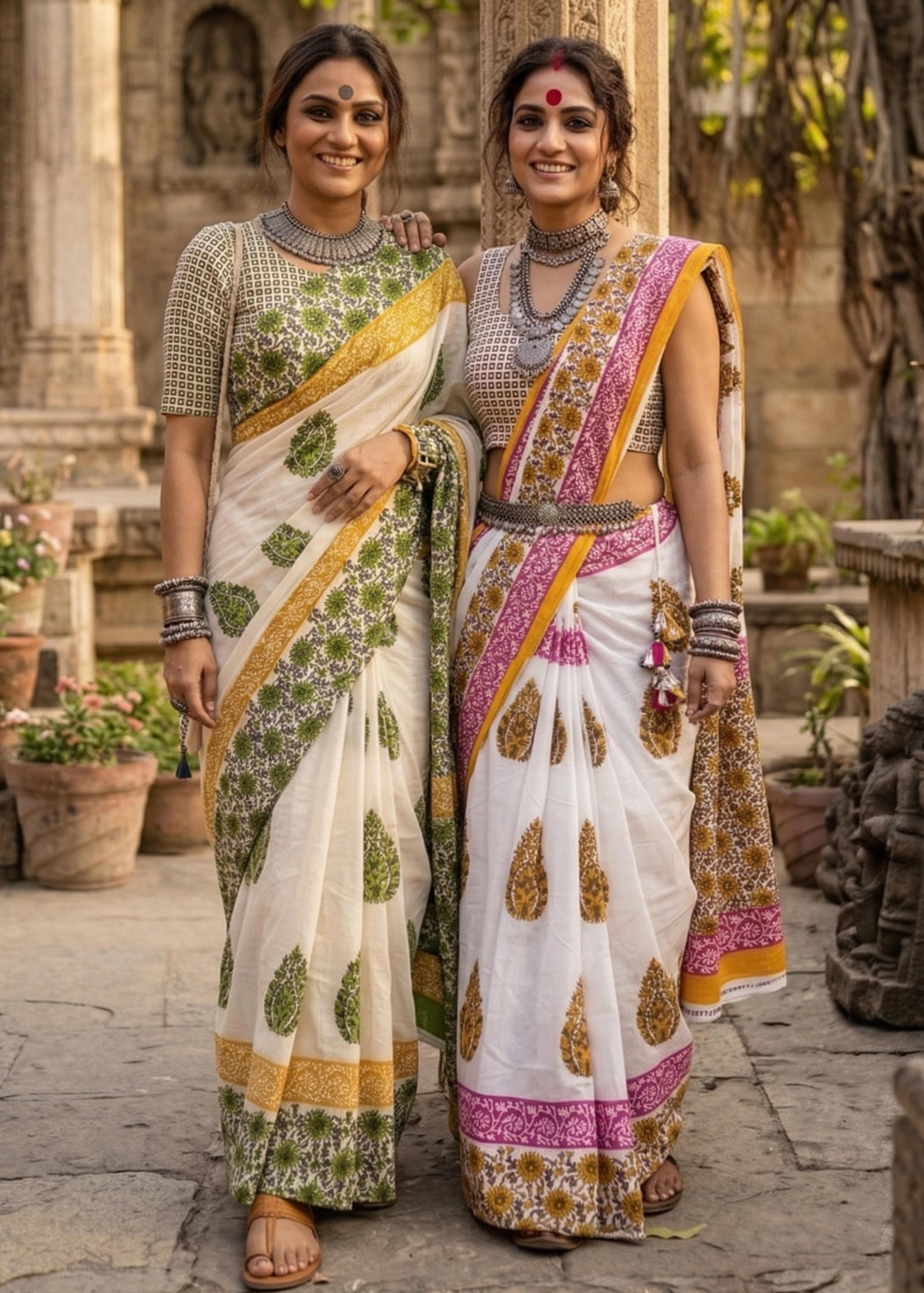 White Pure Soft MulMul Cotton Rajwadi Hand Block Print Cotton Saree