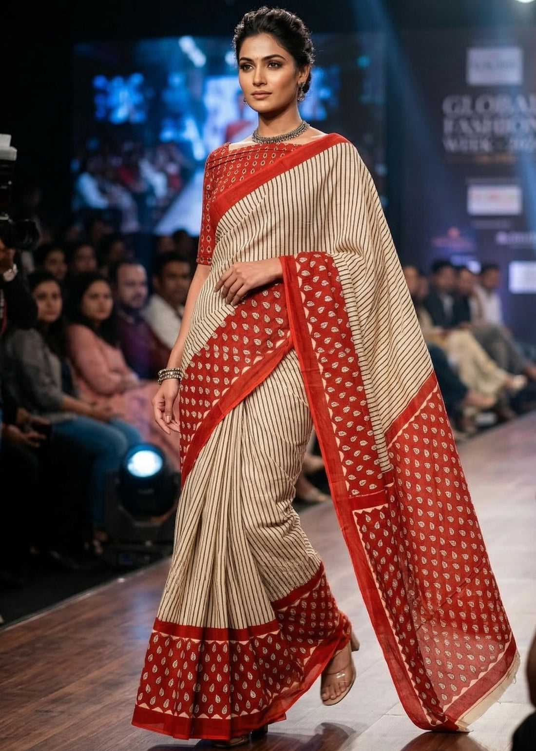 Red Pure Soft MulMul Cotton Geometric Booti Printed Cotton Saree