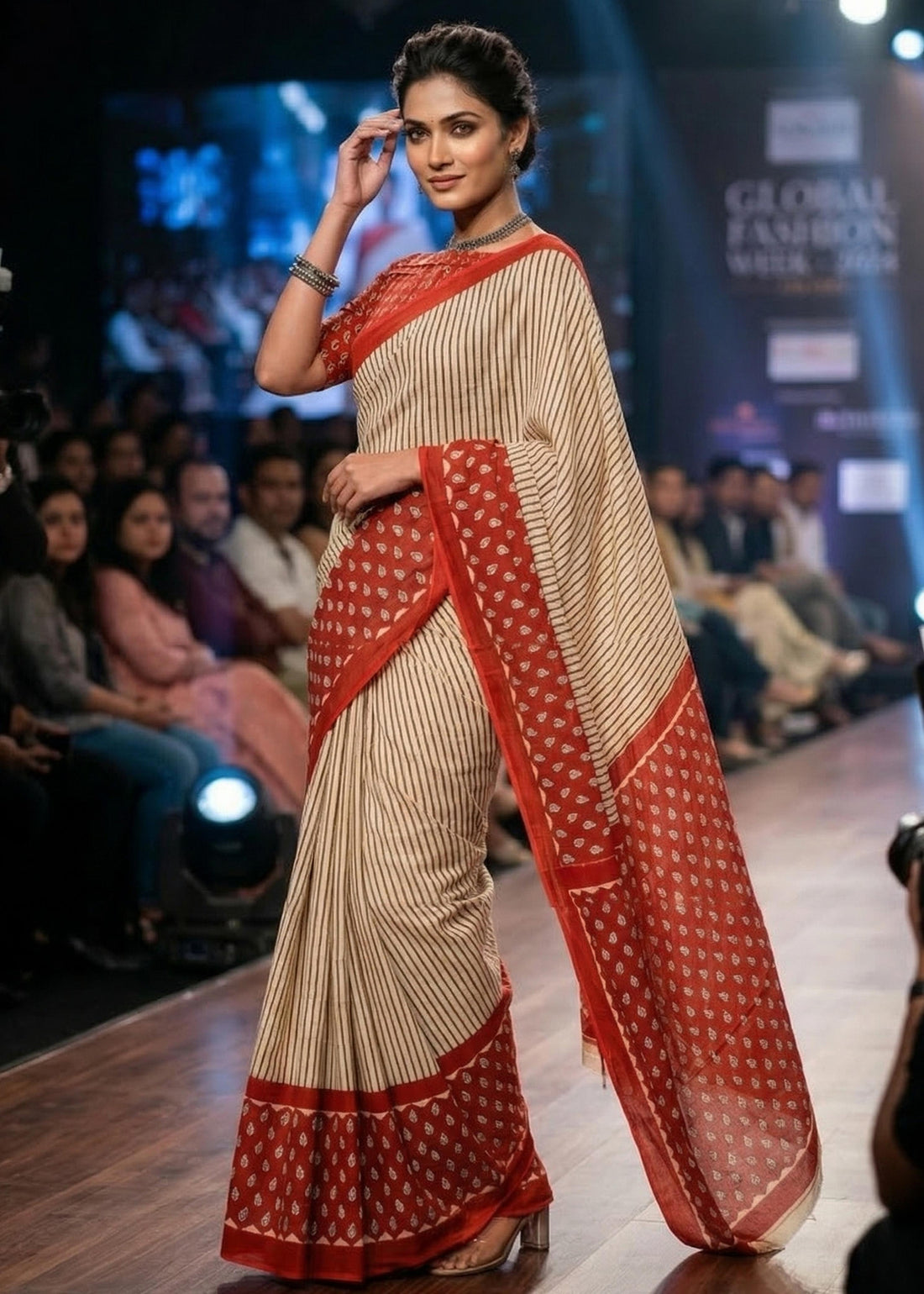 Red Pure Soft MulMul Cotton Geometric Booti Printed Cotton Saree
