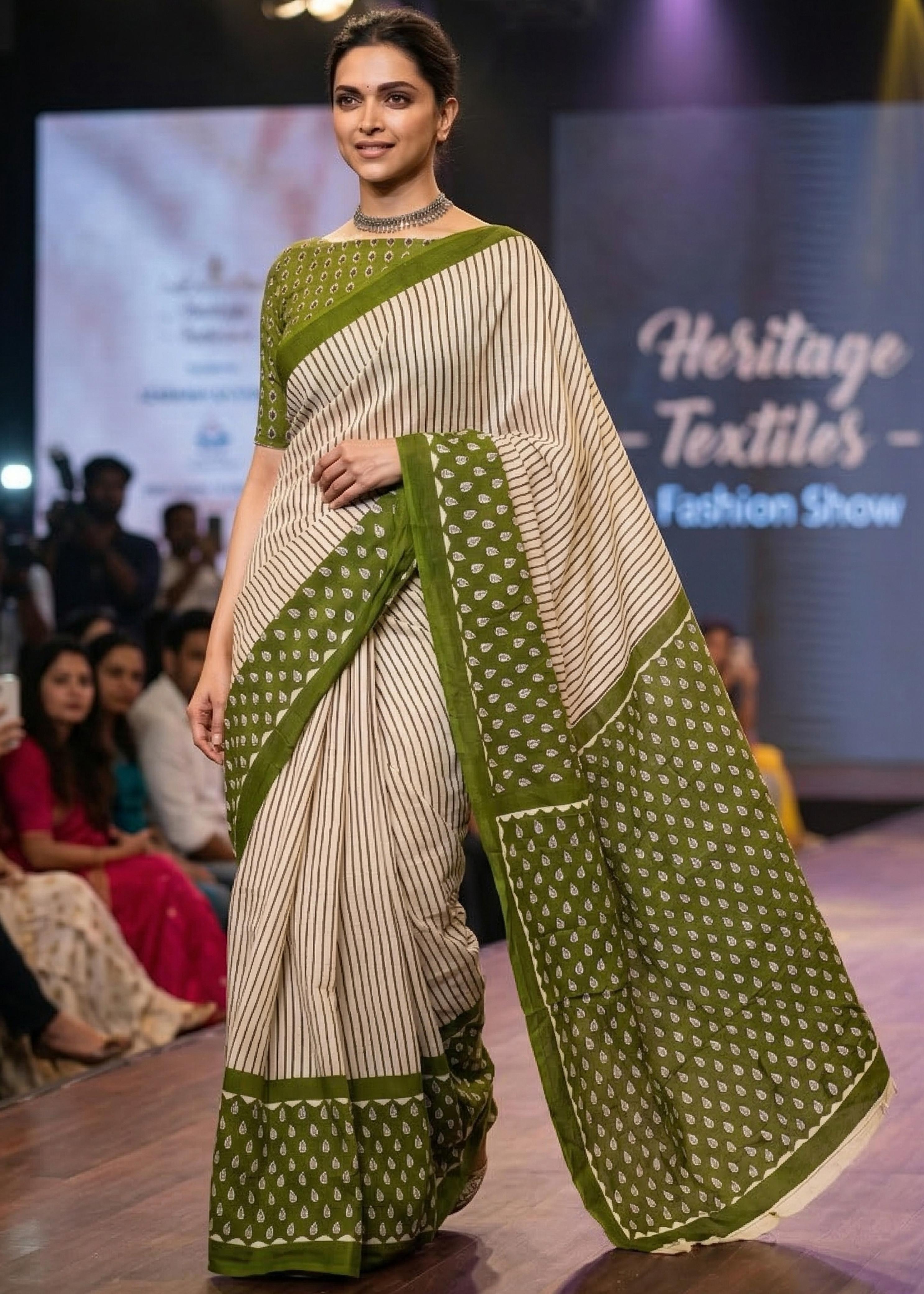 Green Pure Soft MulMul Cotton Geometric Booti Printed Cotton Saree