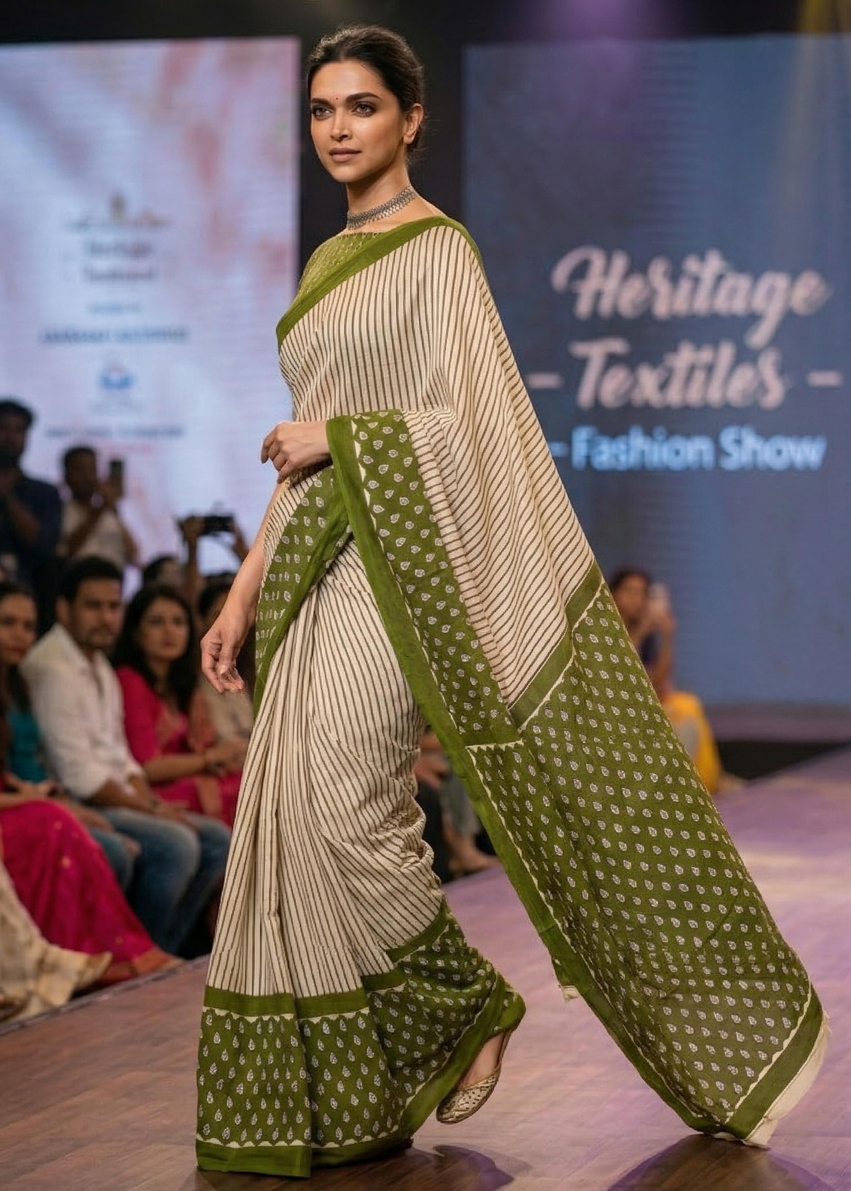 Green Pure Soft MulMul Cotton Geometric Booti Printed Cotton Saree