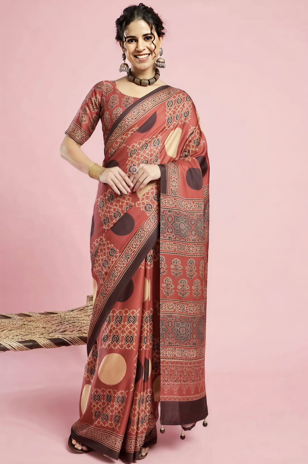 Brown Pure Modal Satin Ajrakh Luxe Print Satin Saree
