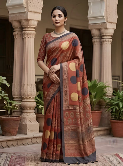 Brown Pure Modal Satin Ajrakh Luxe Print Satin Saree