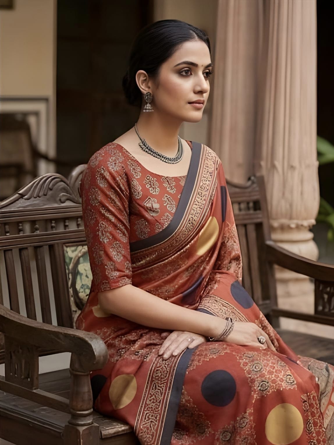 Brown Pure Modal Satin Ajrakh Luxe Print Satin Saree