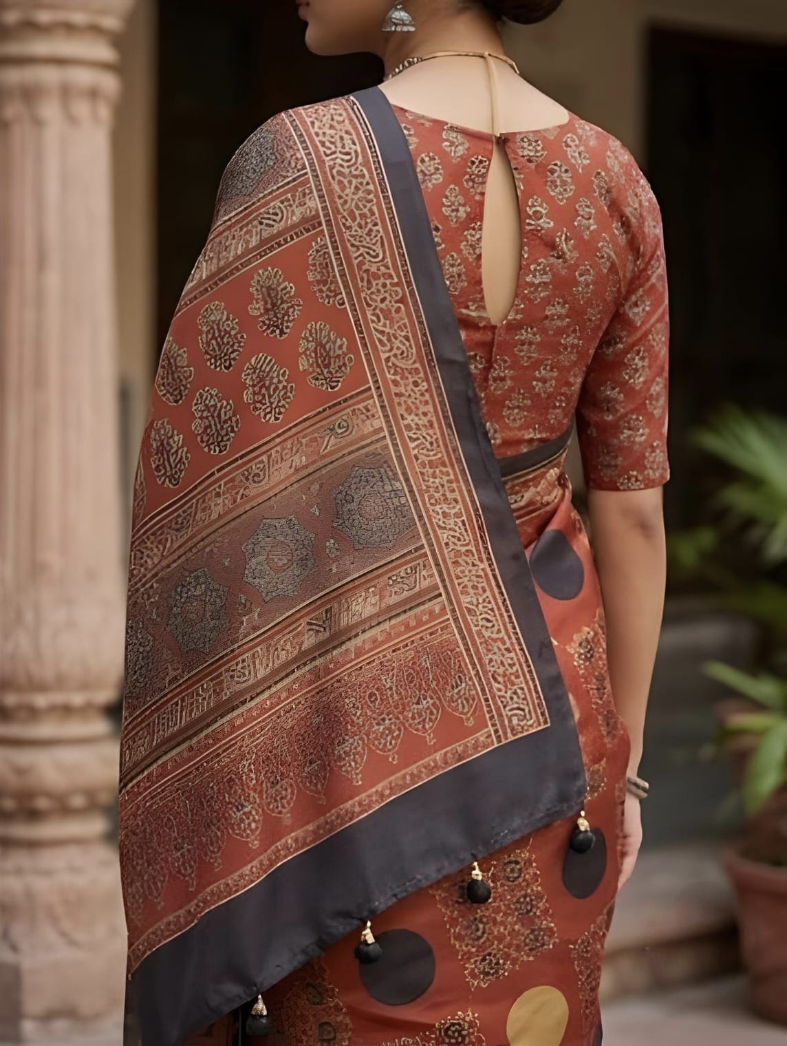 Brown Pure Modal Satin Ajrakh Luxe Print Satin Saree