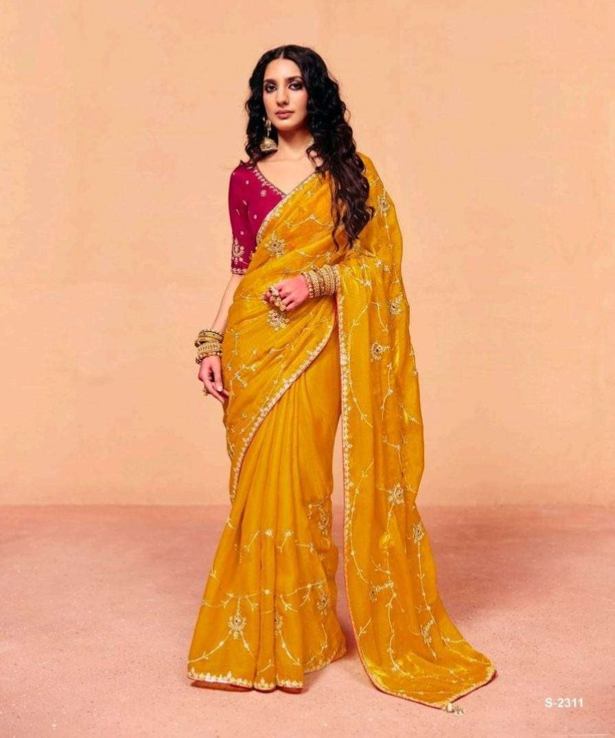 Yellow Pure Organza Satin With Sequins Heavy Embroidery Work Organza Saree 