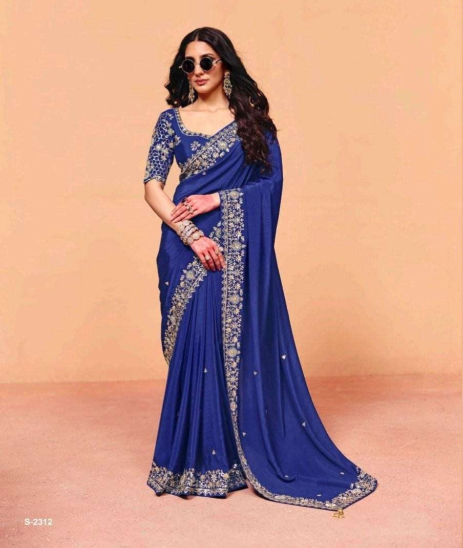 Blue Pure Organza Satin With Sequins Heavy Embroidery Work Organza Saree 