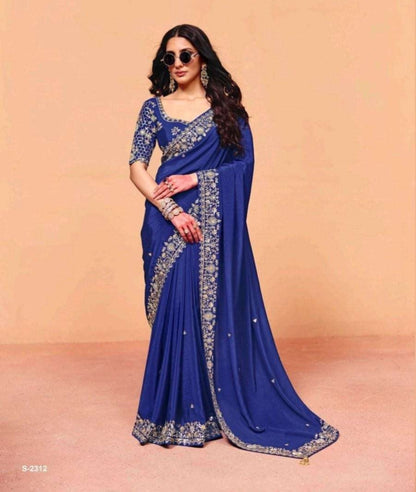 Blue Pure Organza Satin With Sequins Heavy Embroidery Work Organza Saree 