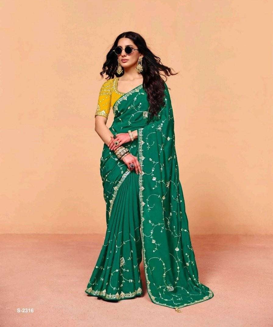 Green Pure Organza Satin With Sequins Heavy Embroidery Work Organza Saree 