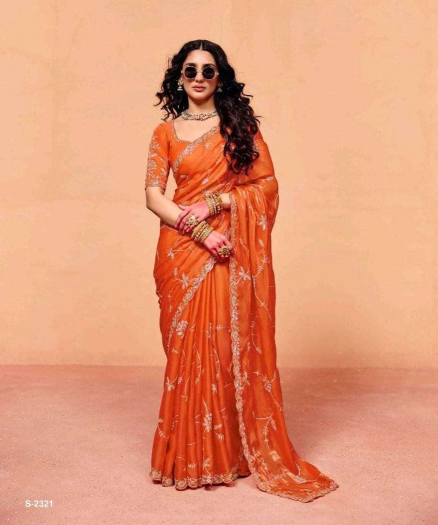 Orange Pure Organza Satin With Sequins Heavy Embroidery Work Organza Saree 