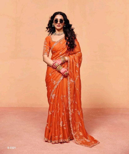 Orange Pure Organza Satin With Sequins Heavy Embroidery Work Organza Saree 