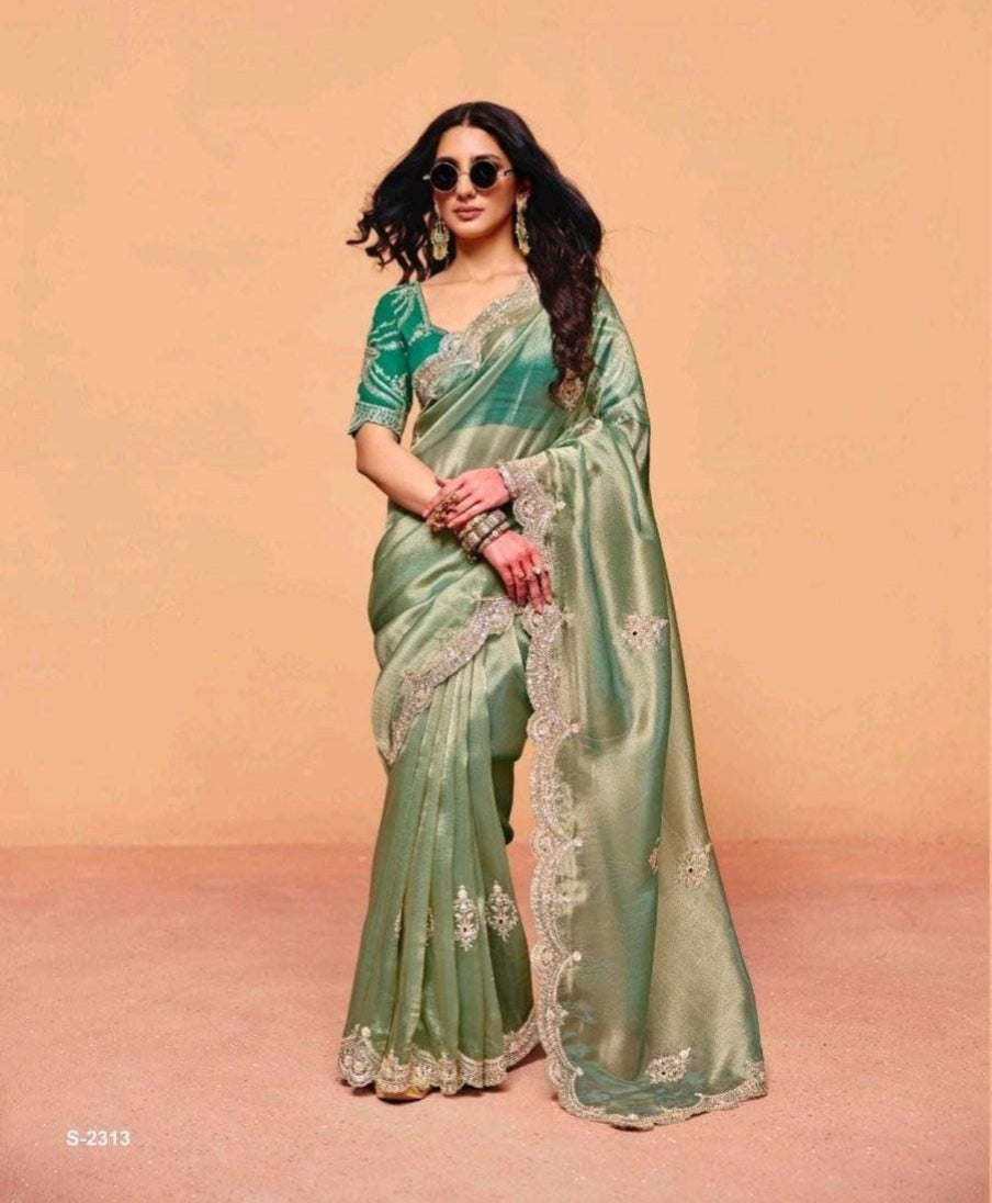 Sea Green Pure Organza Satin With Sequins Heavy Embroidery Work Organza Saree 