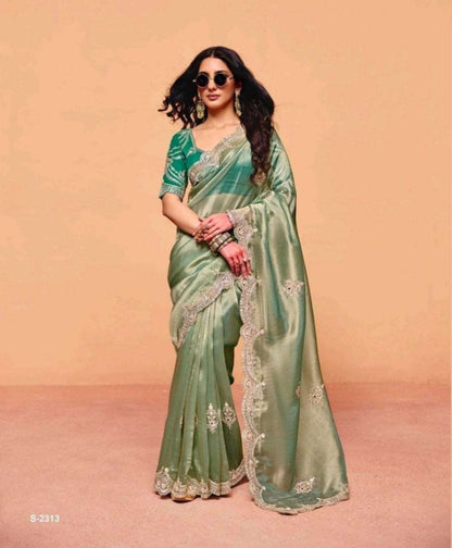 Sea Green Pure Organza Satin With Sequins Heavy Embroidery Work Organza Saree 