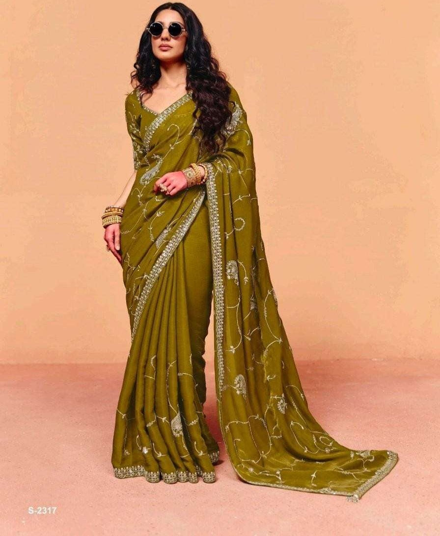 Mahendi Pure Organza Satin With Sequins Heavy Embroidery Work Organza Saree 
