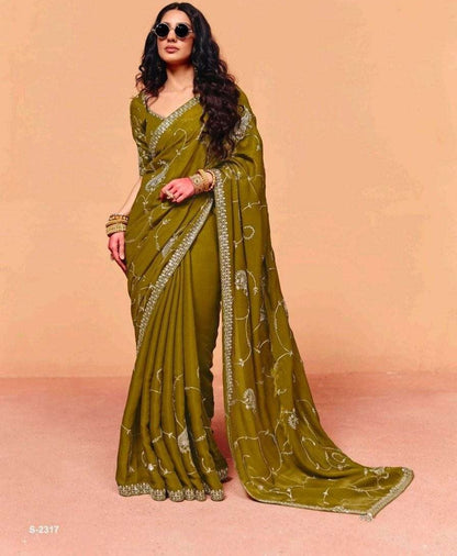 Mahendi Pure Organza Satin With Sequins Heavy Embroidery Work Organza Saree 