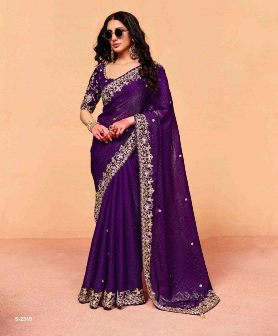 Purple Pure Organza Satin With Sequins Heavy Embroidery Work Organza Saree 
