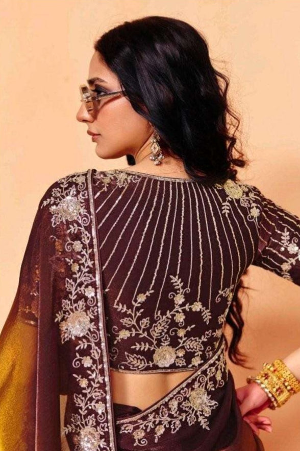 Brown Pure Organza Satin With Sequins Heavy Embroidery Work Organza Saree