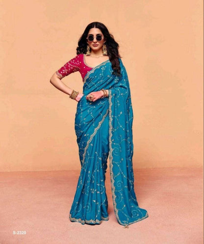 Blue Pure Organza Satin With Sequins Heavy Embroidery Work Organza Saree 