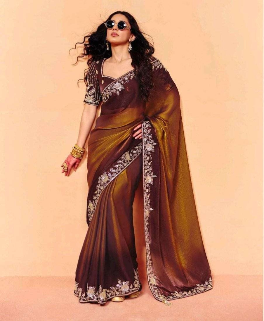 Brown Pure Organza Satin With Sequins Heavy Embroidery Work Organza Saree