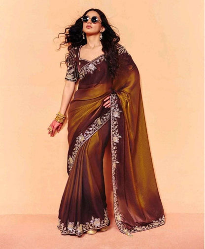 Brown Pure Organza Satin With Sequins Heavy Embroidery Work Organza Saree