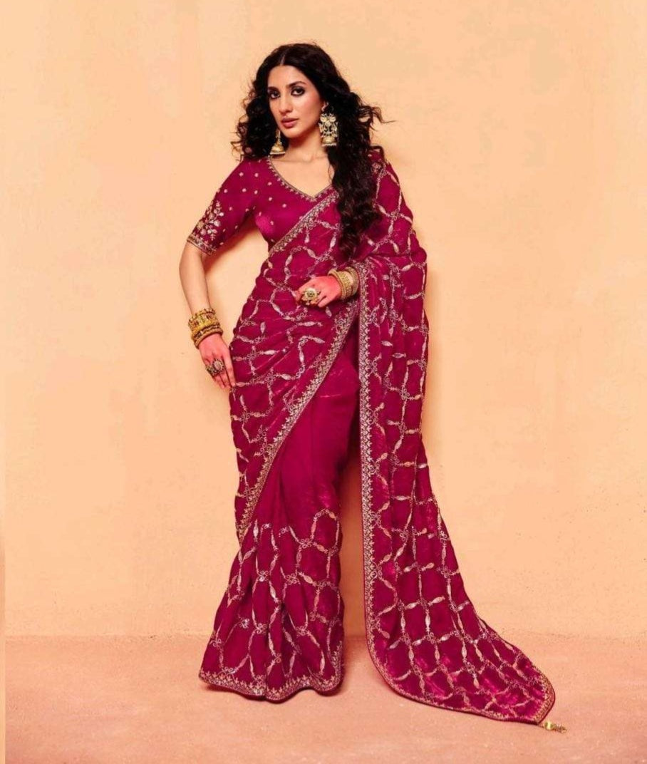 Red Pure Organza Satin With Sequins Heavy Embroidery Work Organza Saree 