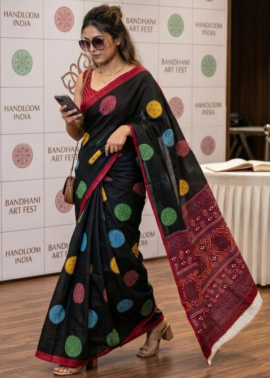 Black Pure Soft Mulmul Cotton Bandhani Block Printed Cotton Saree 