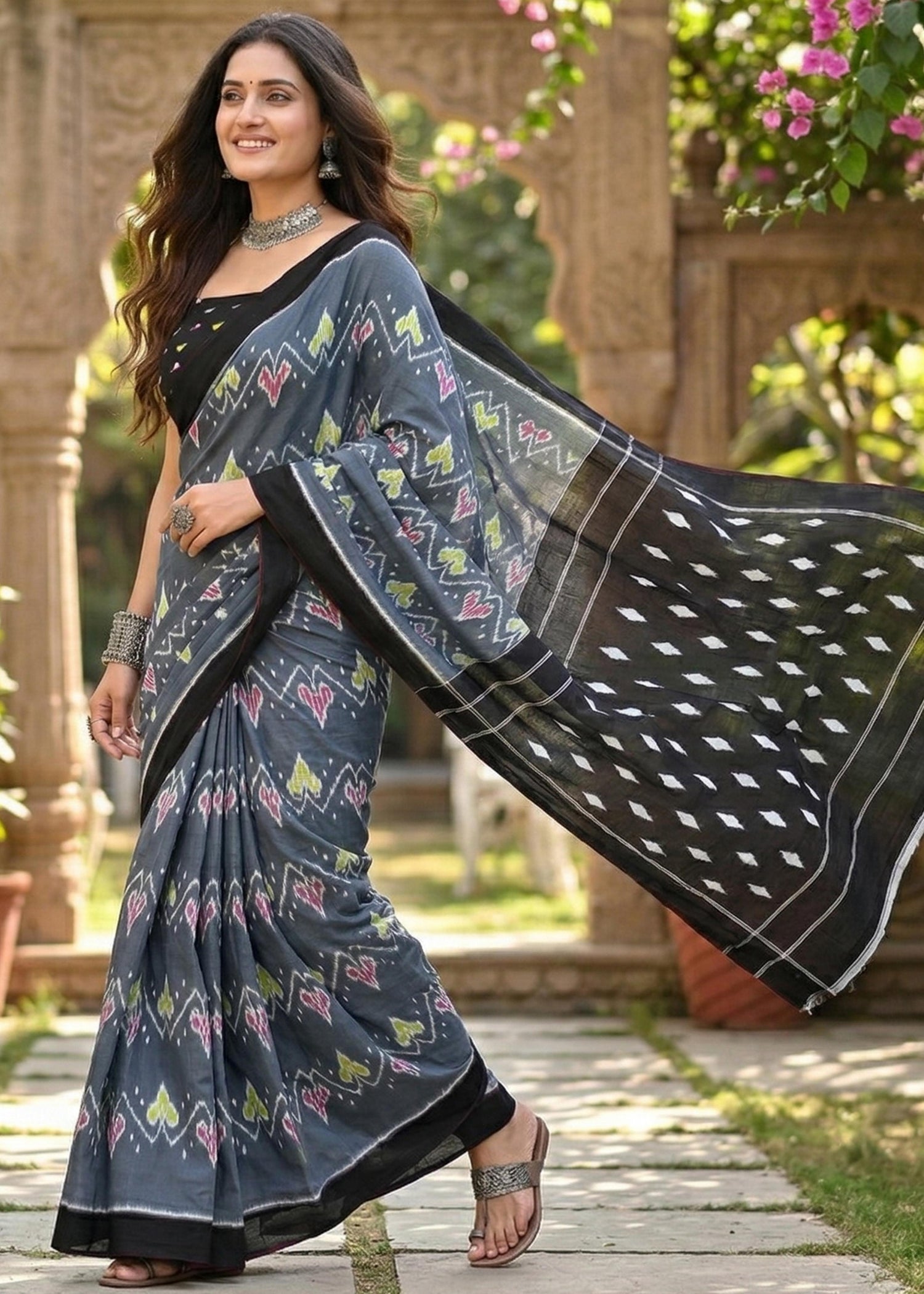Black Pure Soft Mulmul Cotton Ikkat Printed Cotton Saree 