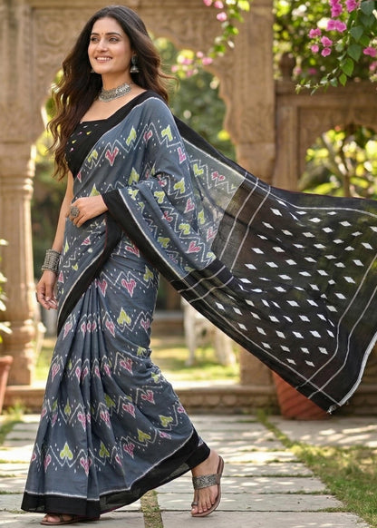 Black Pure Soft Mulmul Cotton Ikkat Printed Cotton Saree 