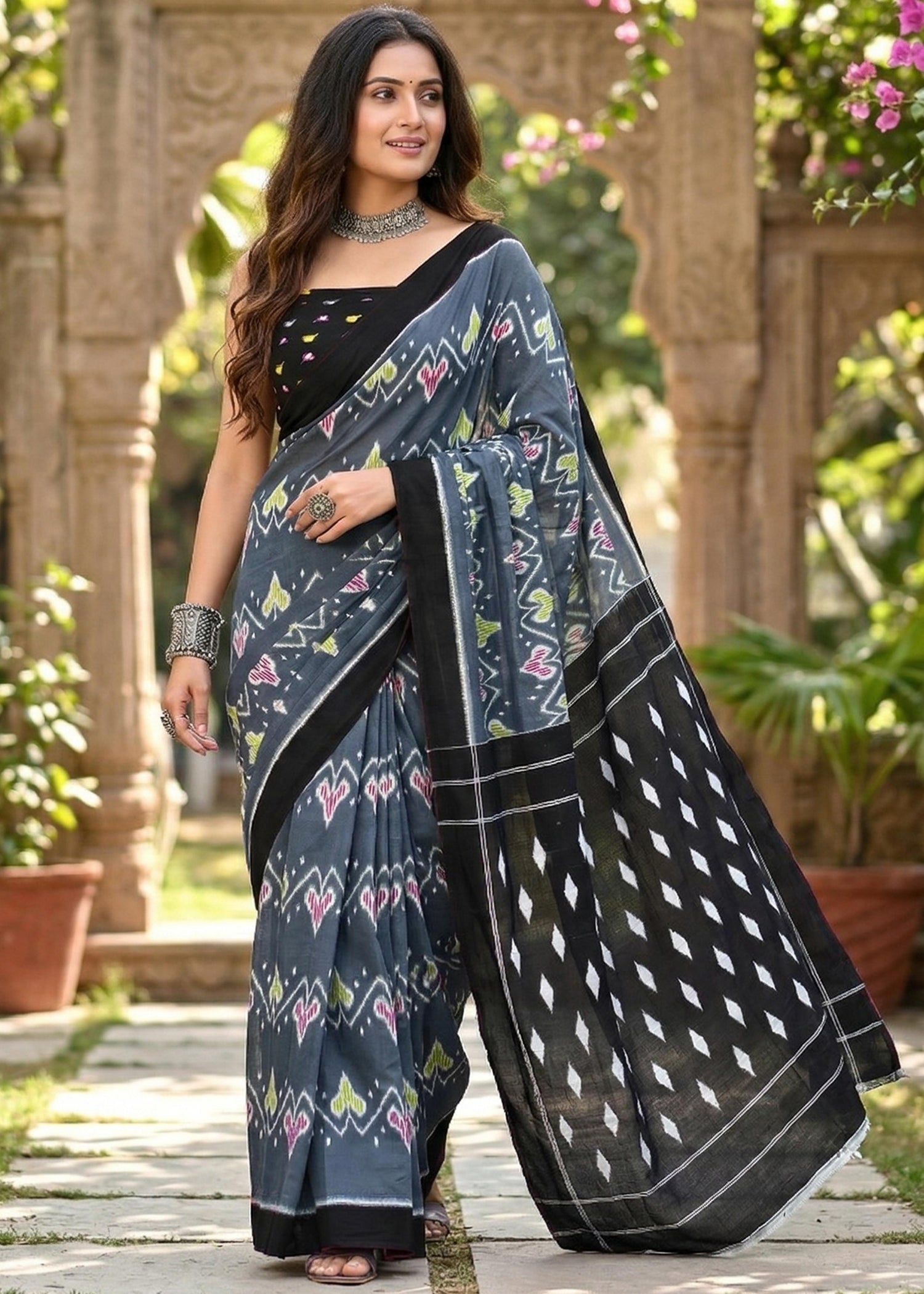 Black Pure Soft Mulmul Cotton Ikkat Printed Cotton Saree 
