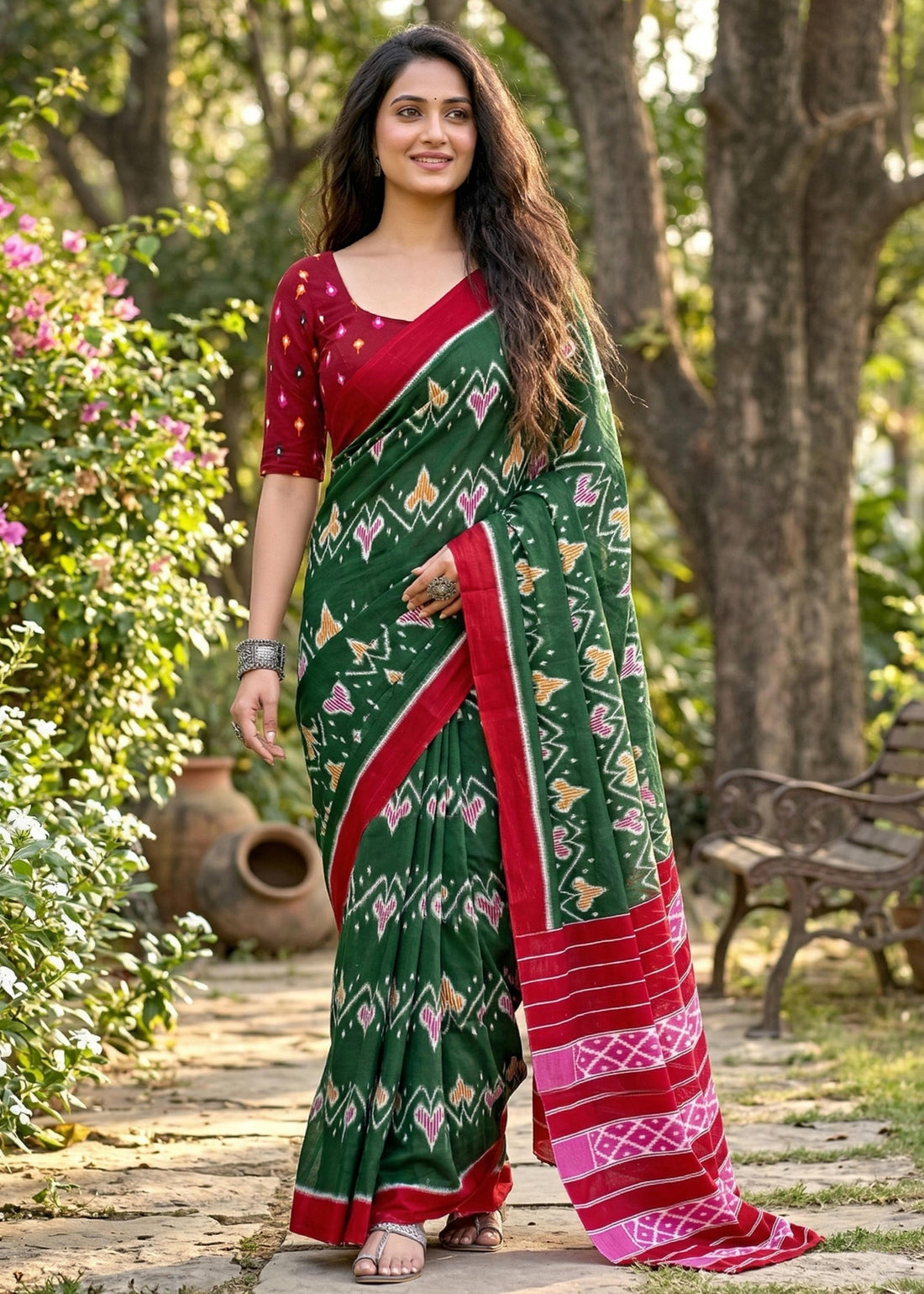 Green Pure Soft Mulmul Cotton Ikkat Printed Cotton Saree 