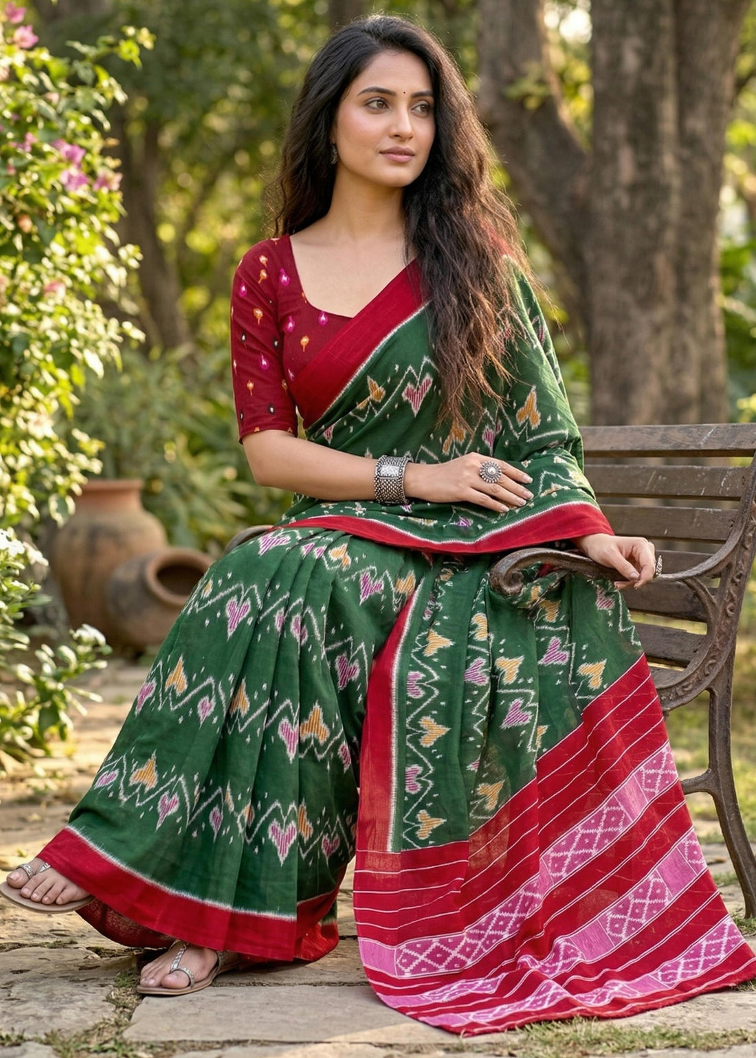 Green Pure Soft Mulmul Cotton Ikkat Printed Cotton Saree 