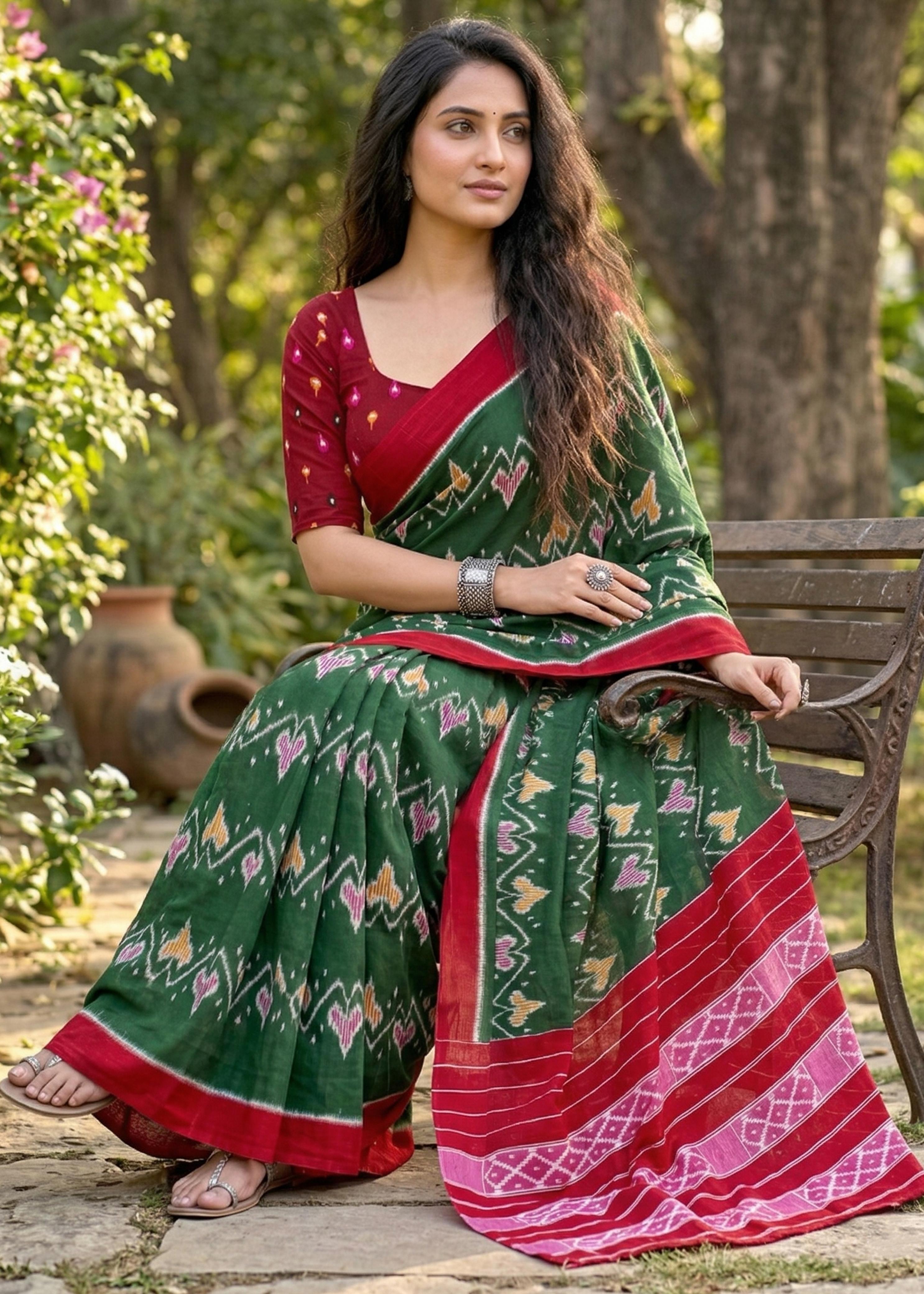 Green Pure Soft Mulmul Cotton Ikkat Printed Cotton Saree 
