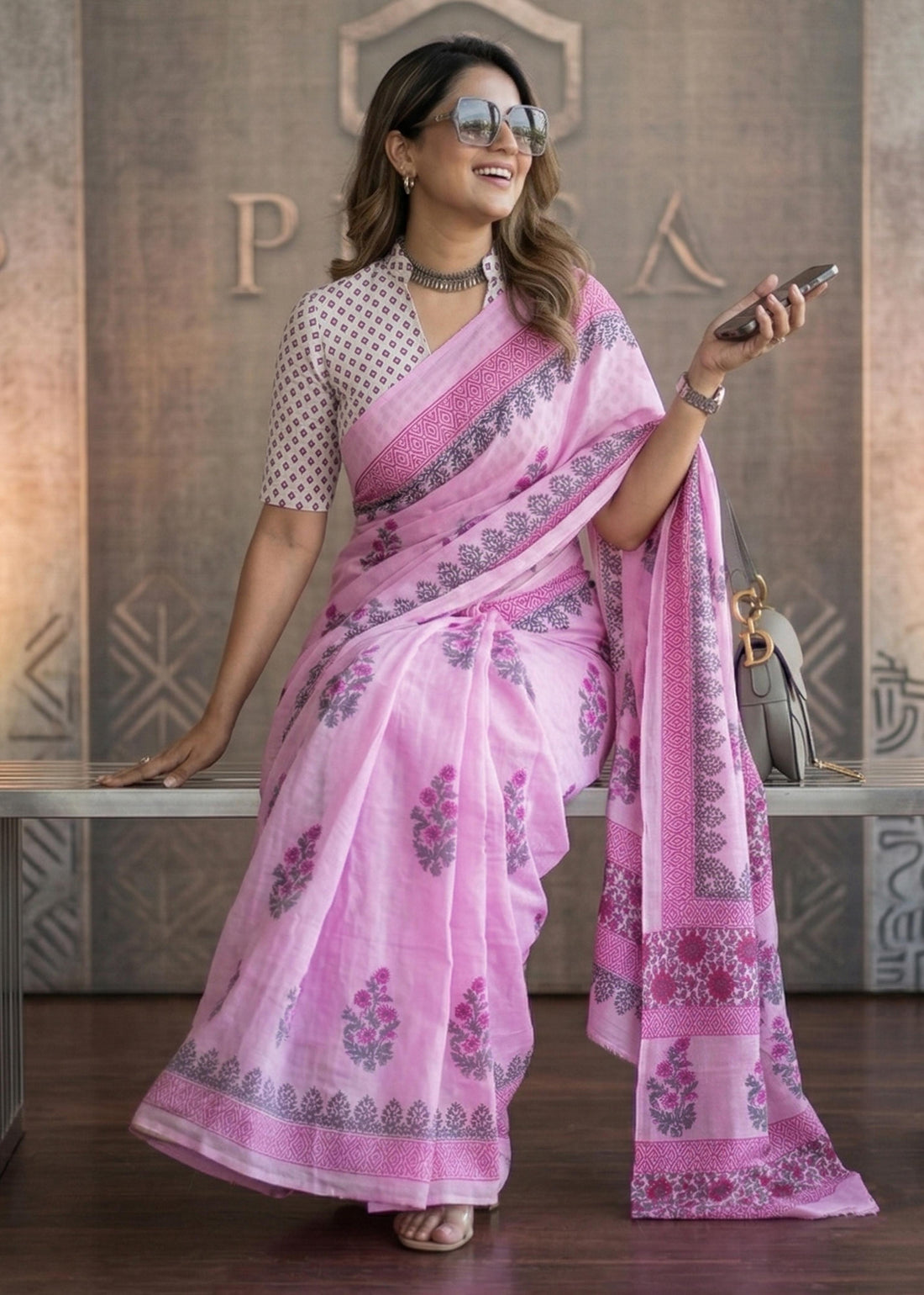 Pink Pure Soft Mulmul Cotton Ikkat Printed Cotton Saree