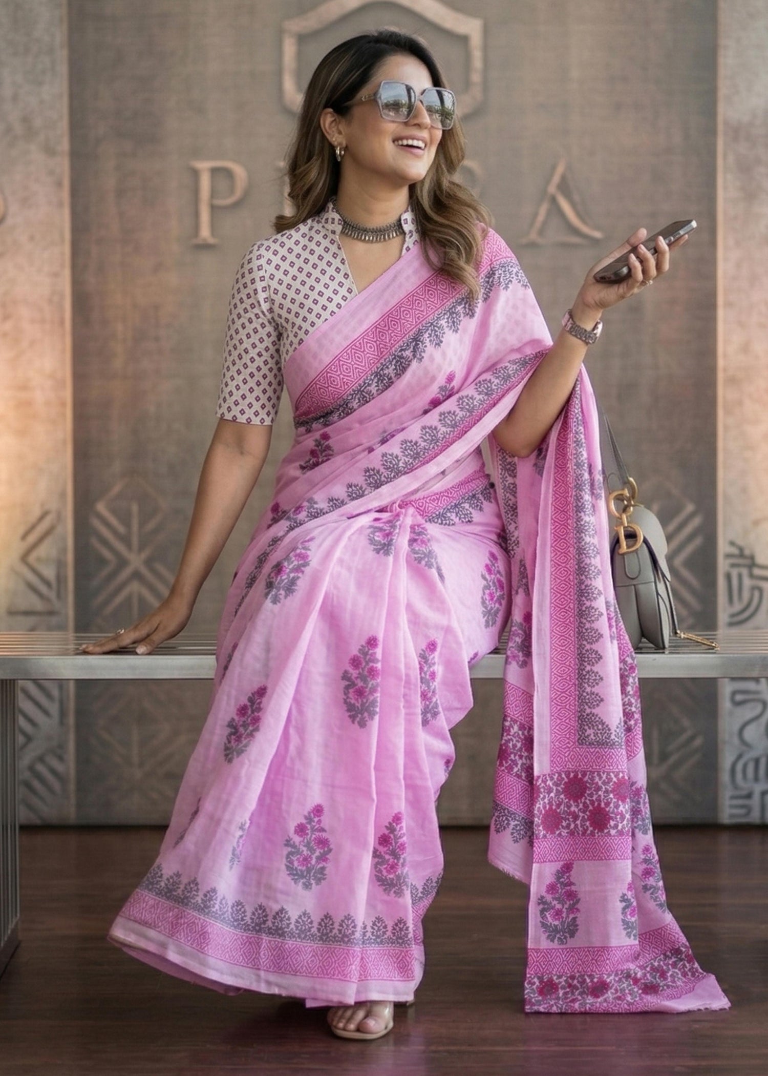 Pink Pure Soft Mulmul Cotton Ikkat Printed Cotton Saree