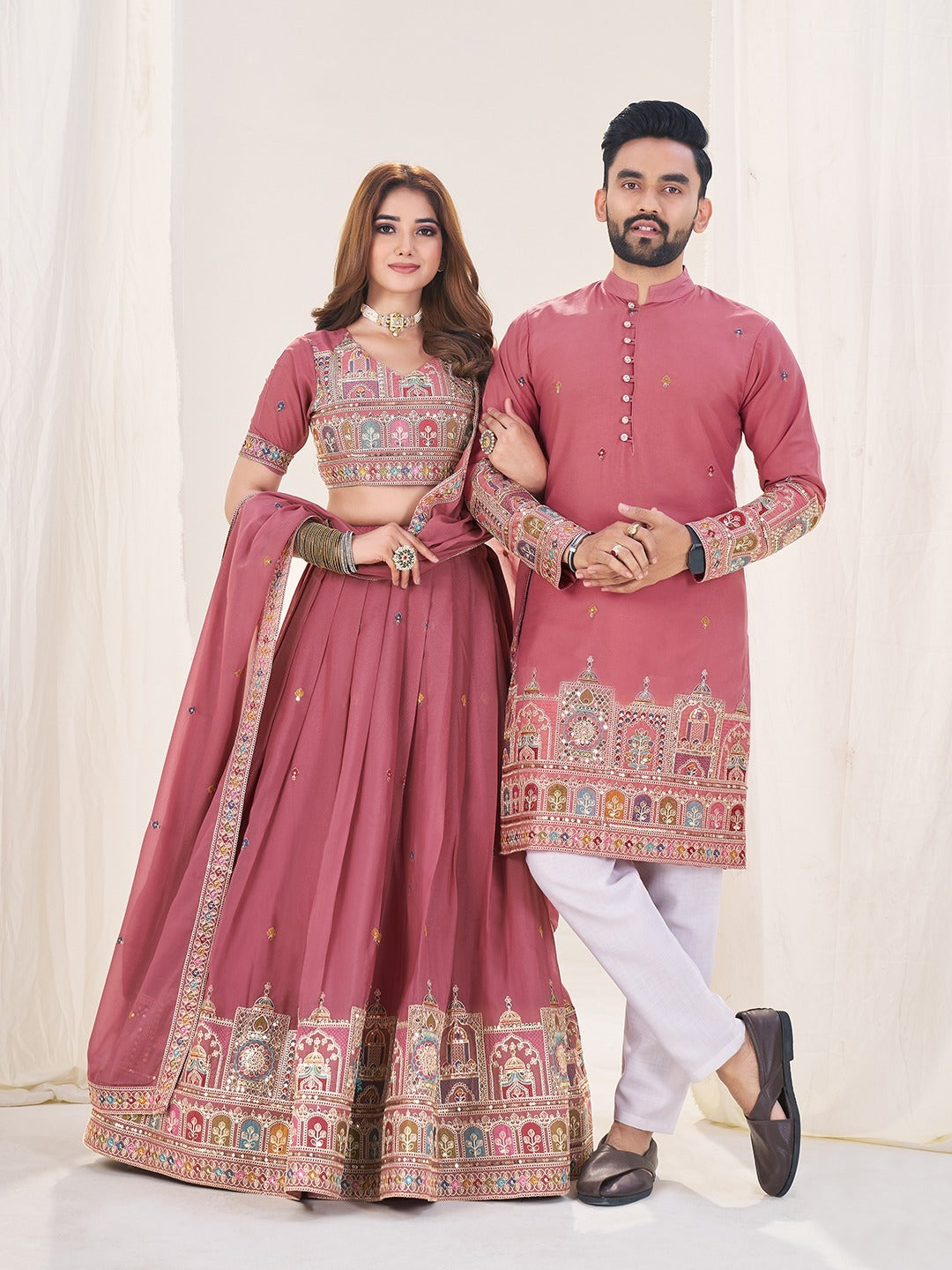 Pink Pure Soft Georgette Matching Combo Couple Dress ##color##  with premium fabric and embroidery