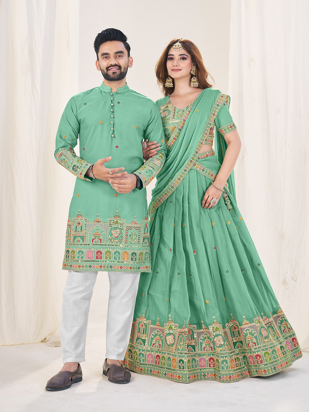 Rama Pure Soft Georgette Matching Combo Couple Dress ##color##  with premium fabric and embroidery