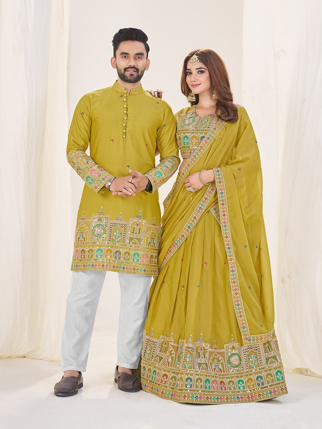 Mustard Pure Soft Georgette Matching Combo Couple Dress ##color##  with premium fabric and embroidery