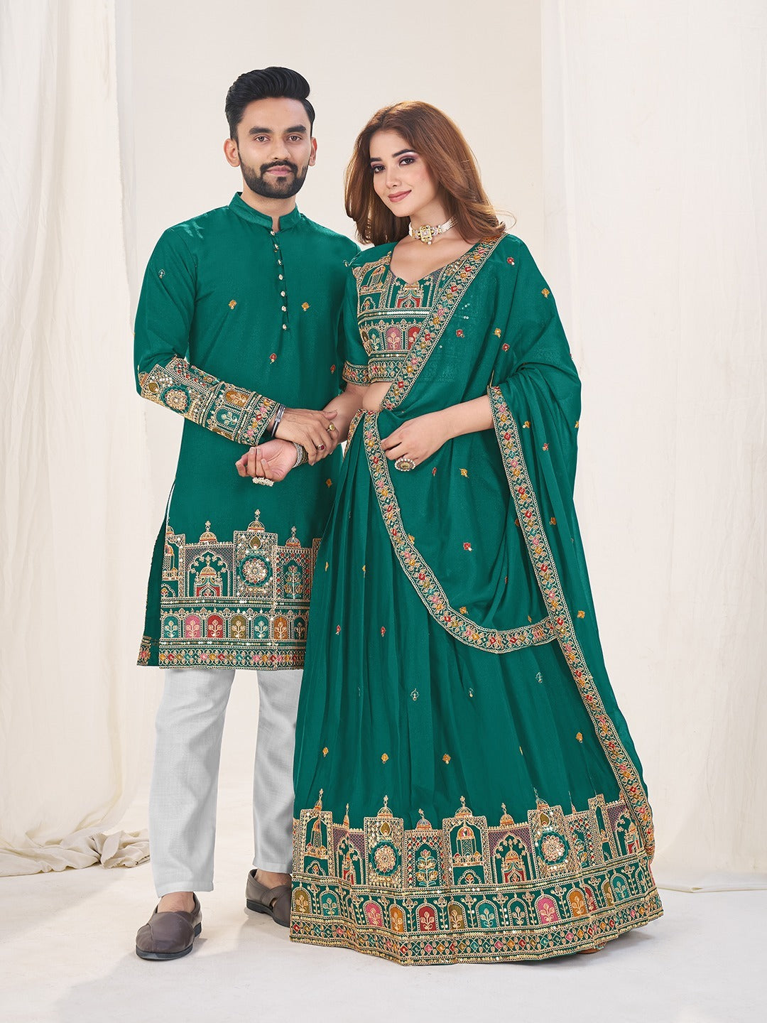 Green Pure Soft Georgette Matching Combo Couple Dress ##color##  with premium fabric and embroidery